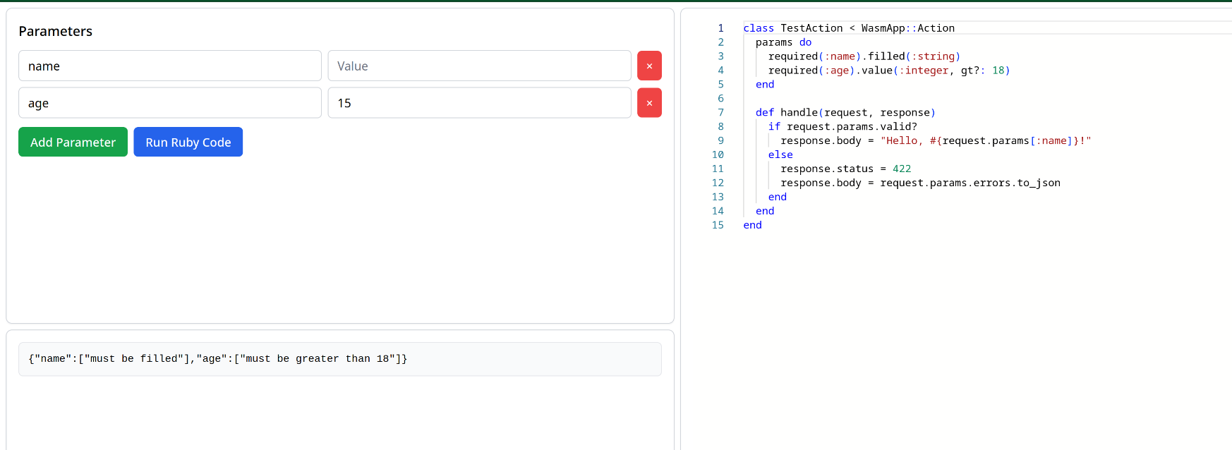 Screenshot of the website above, running a Hanami action code in an editor and providing a form to simulate parameters sending